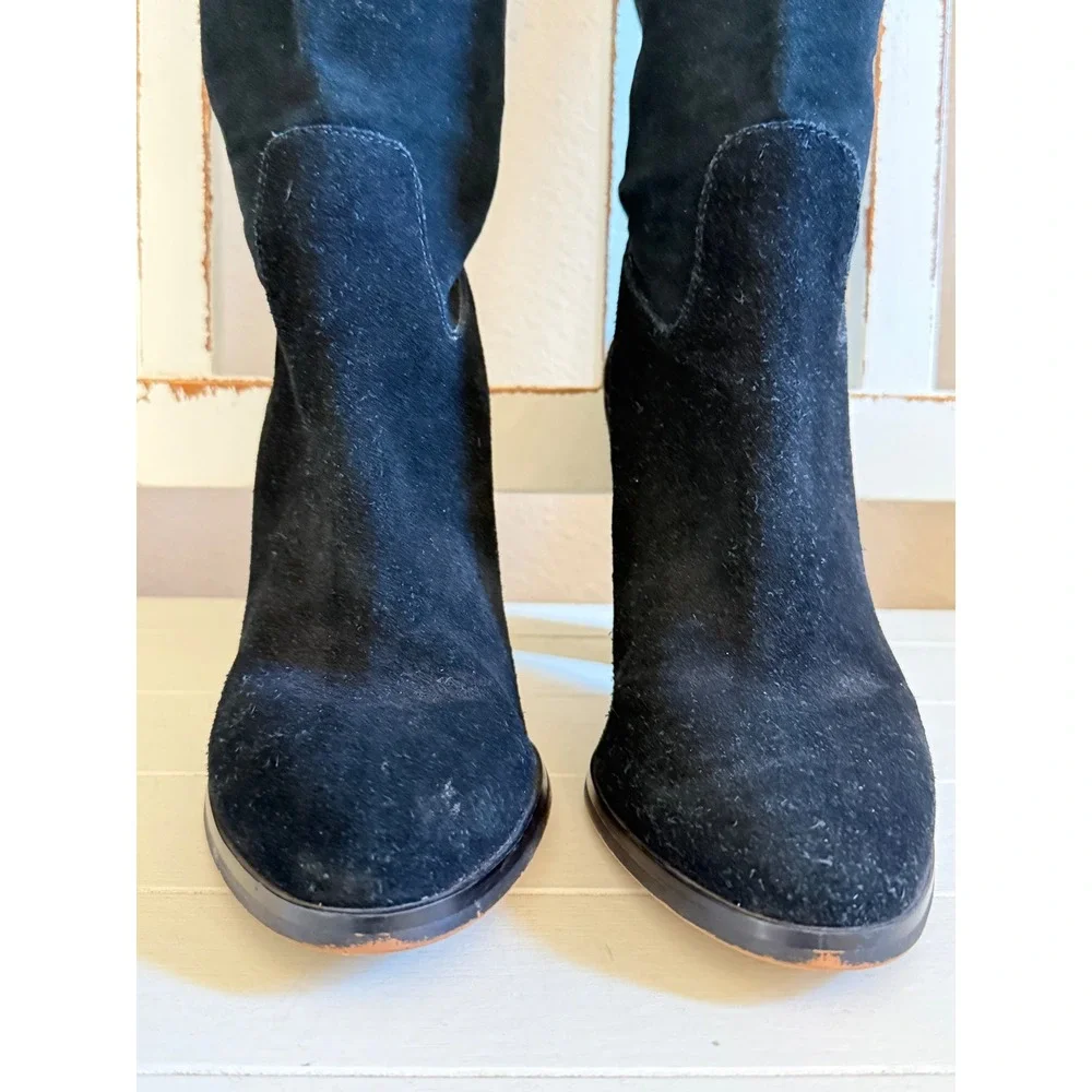 Michael Kors Womens Black Suede Over The Knee Block Heel Boots Gold Logo‎ Size 8